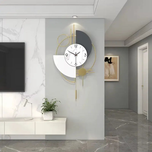 Horloge murale abstrait blanc et anthracite à composition géométrique dorée 60 cm