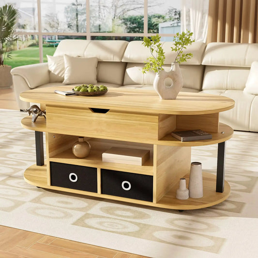 Table basse relevable ovale bois naturel & noir avec rangement