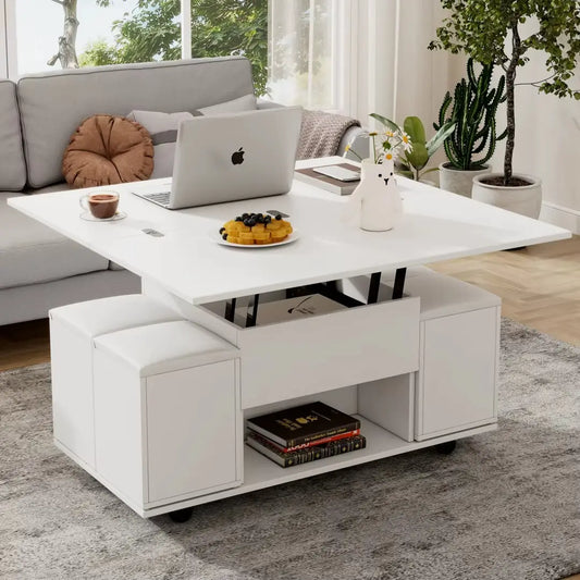 Table basse relevable 2-en-1 blanche avec rangements et assises intégrées