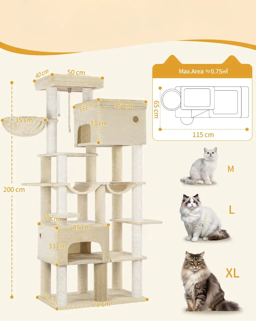 Arbre à chat XXL Titan Crown – Le palais vertical des grands chats comme les Maine Coon 200 cm