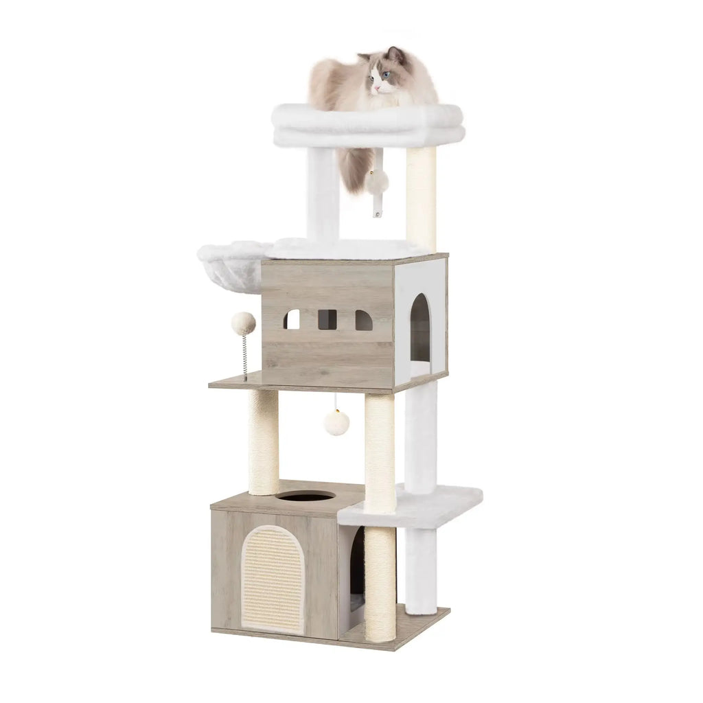 Arbre à chat en bois massif IvoryPalace – Le refuge félin chic et spacieux 130 cm
