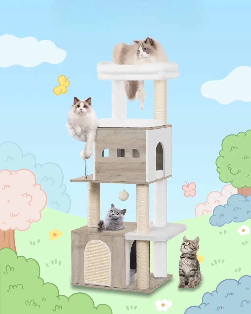 Arbre à chat en bois massif IvoryPalace – Le refuge félin chic et spacieux 130 cm