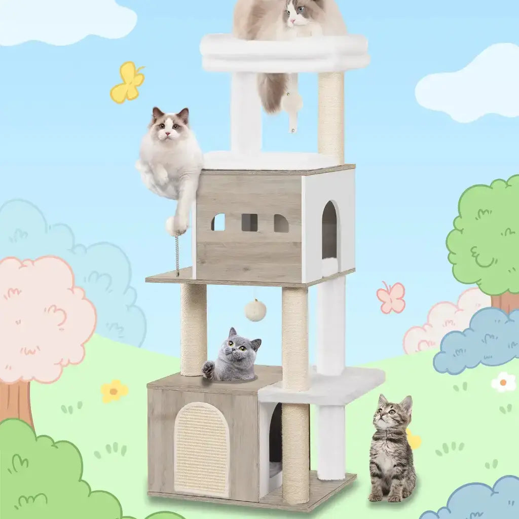 Arbre à chat en bois massif IvoryPalace – Le refuge félin chic et spacieux 130 cm