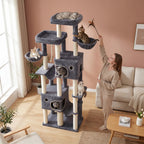 Arbre à chat XXL de 214 cm pour chats de grande taille, Maine Coon, base extra large, 2 plateformes, 2 spacieuses niches, 10 poteaux à gratter en sisal, 2 hamacs