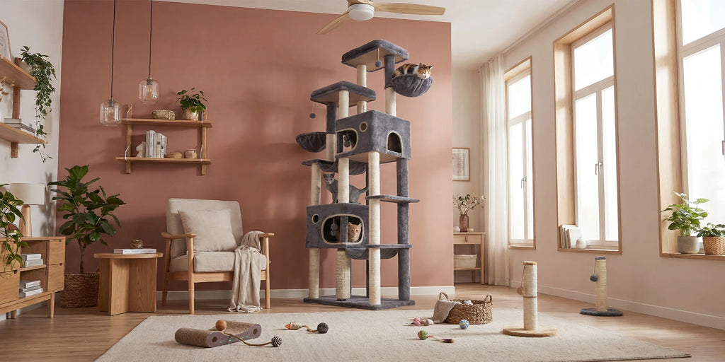 Arbre à chat XXL de 214 cm pour chats de grande taille, Maine Coon, base extra large, 2 plateformes, 2 spacieuses niches, 10 poteaux à gratter en sisal, 2 hamacs