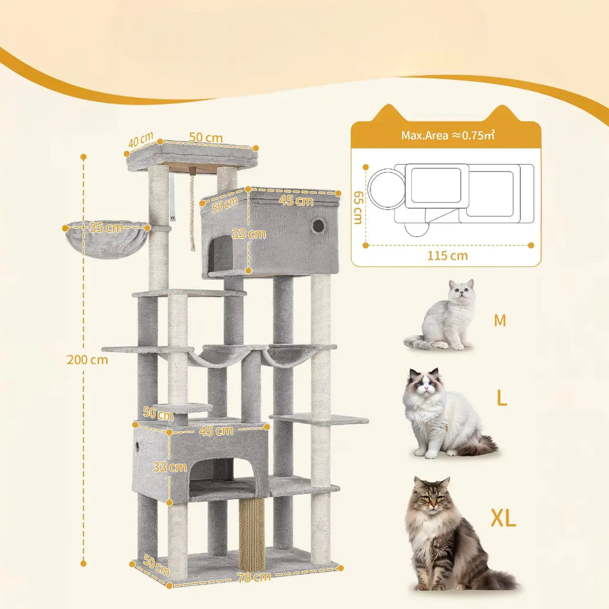 Arbre à chat XXL Titan Crown – Le palais vertical des grands chats comme les Maine Coon 200 cm