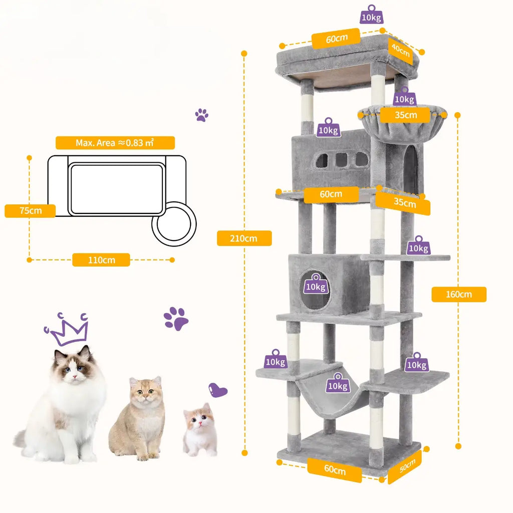 SkyLuxe Tower – Arbre à chat géant XXL 210 cm pour grands chats comme les Maine Coon
