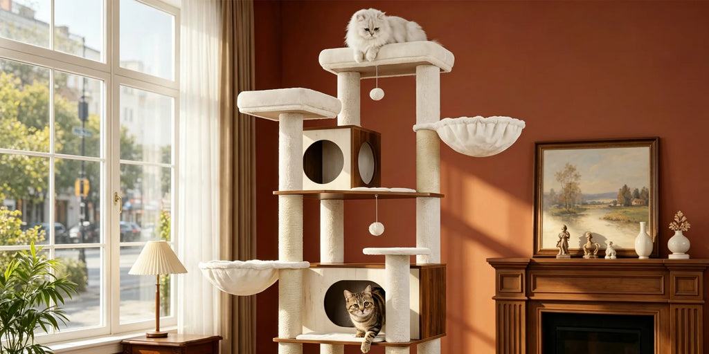 Arbre à chat XXL 210 cm tout-en-un avec litière, station repas & espaces de repos. Idéal pour Maine Coon