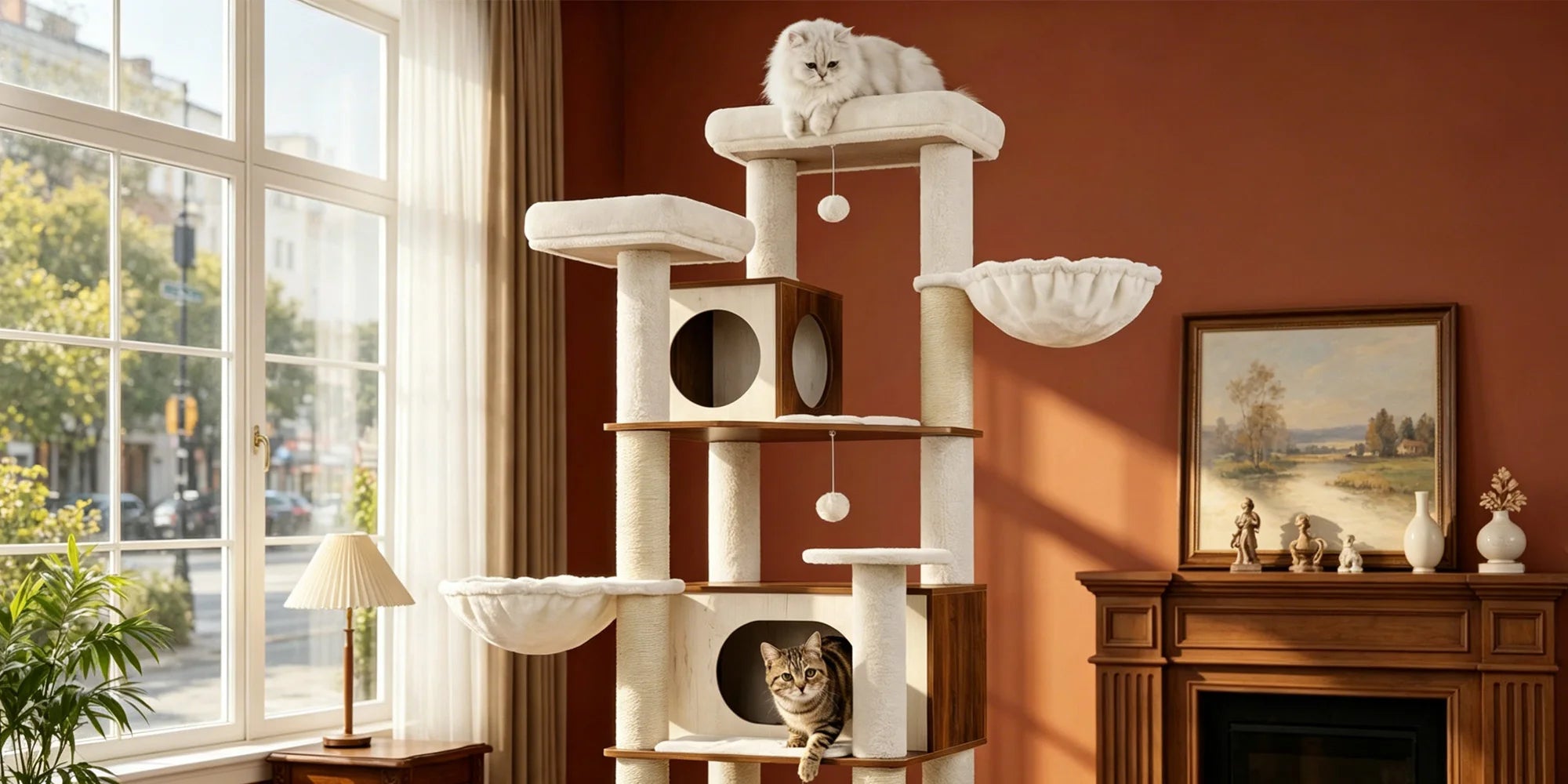 Arbre à chat XXL 210 cm tout-en-un avec litière, station repas & espaces de repos. Idéal pour Maine Coon