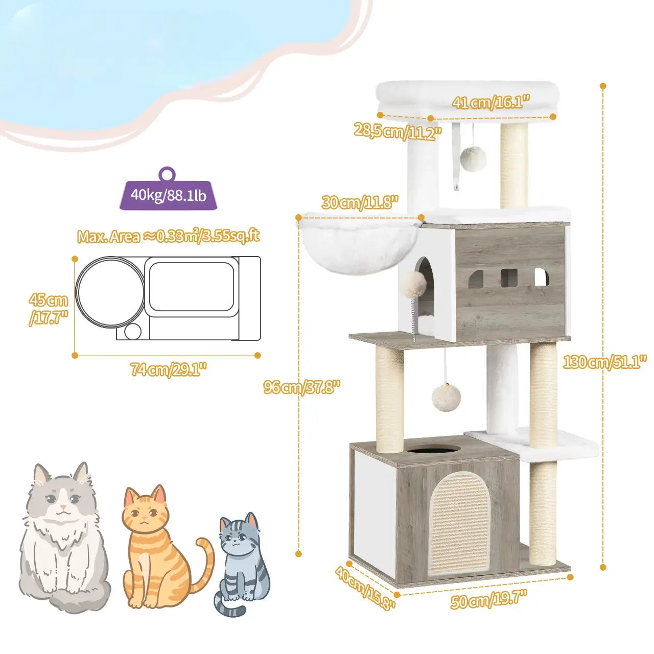 Arbre à chat en bois massif IvoryPalace – Le refuge félin chic et spacieux 130 cm