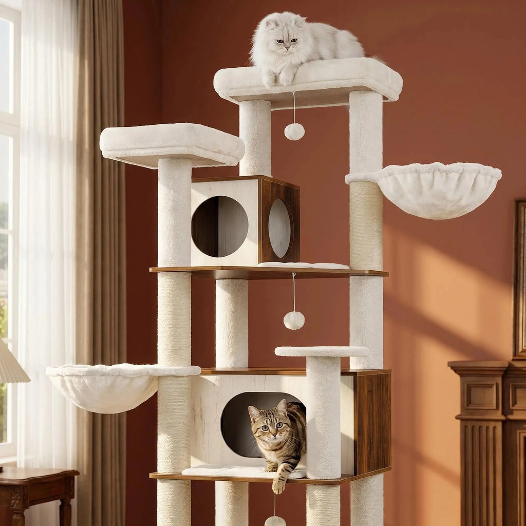 Arbre à chat XXL 210 cm tout-en-un avec litière, station repas & espaces de repos. Idéal pour Maine Coon