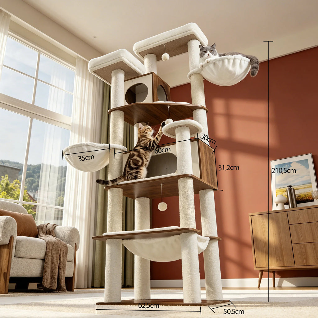 Arbre à chat XXL 210 cm tout-en-un avec litière, station repas & espaces de repos. Idéal pour Maine Coon