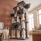 Arbre à chat XXL de 214 cm pour chats de grande taille, Maine Coon, base extra large, 2 plateformes, 2 spacieuses niches, 10 poteaux à gratter en sisal, 2 hamacs