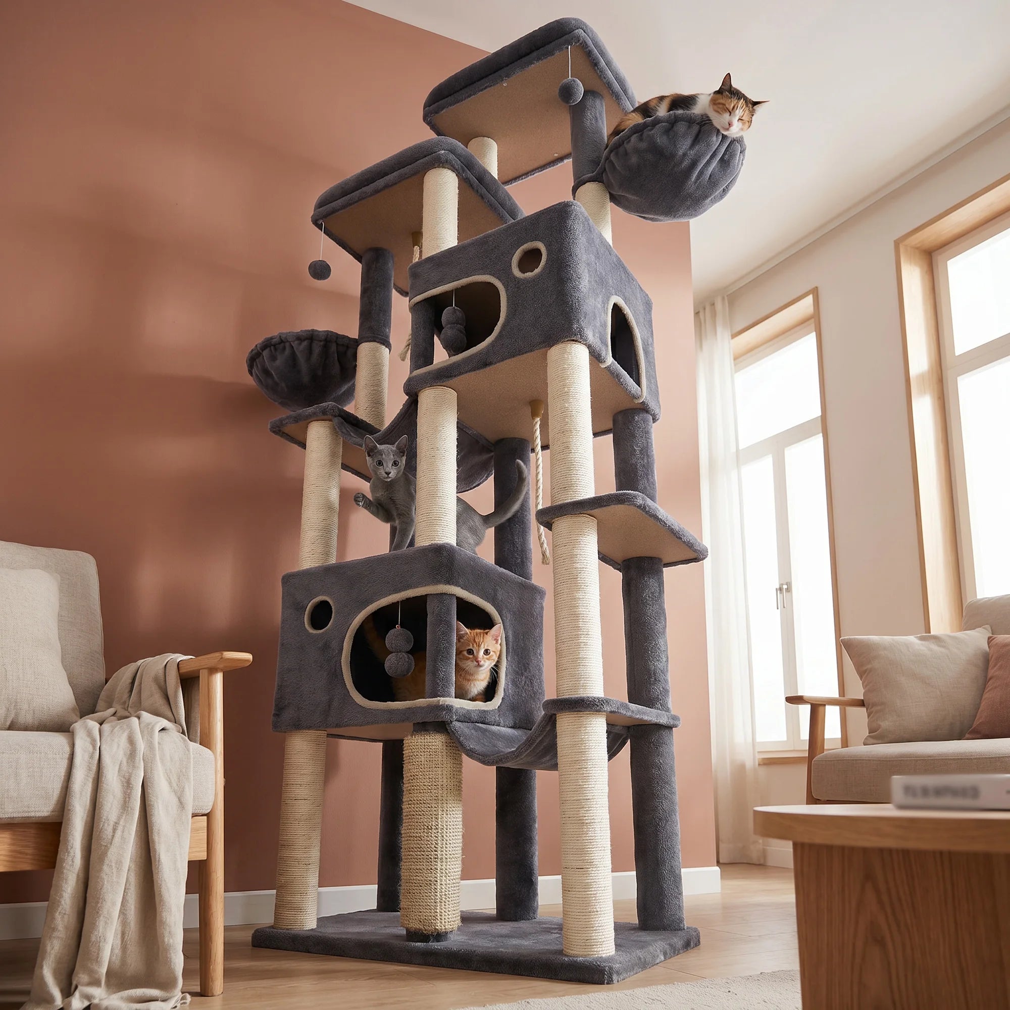 Arbre à chat XXL de 214 cm pour chats de grande taille, Maine Coon, base extra large, 2 plateformes, 2 spacieuses niches, 10 poteaux à gratter en sisal, 2 hamacs