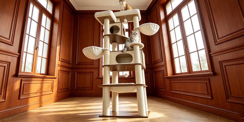 Arbre à chat XXL 210 cm tout-en-un avec litière, station repas & espaces de repos. Idéal pour Maine Coon