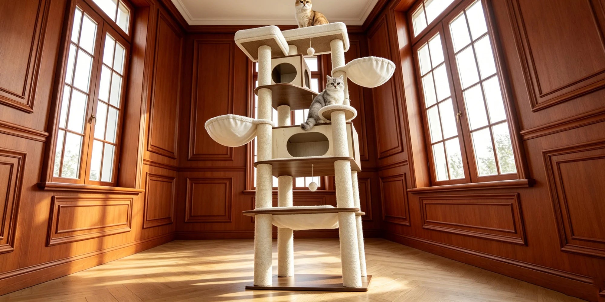 Arbre à chat XXL 210 cm tout-en-un avec litière, station repas & espaces de repos. Idéal pour Maine Coon