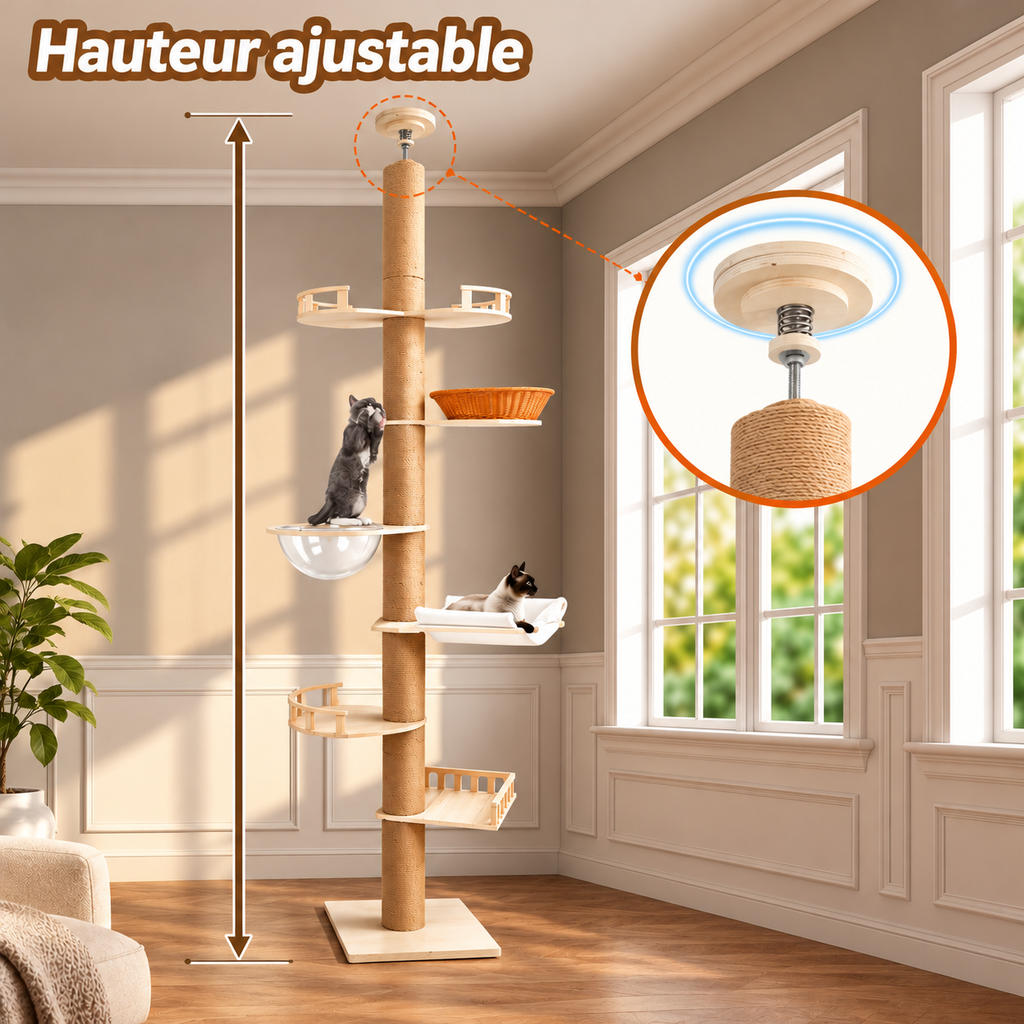 Tour à chat 7 niveaux du sol au plafond avec hamac, panier et capsule spatiale