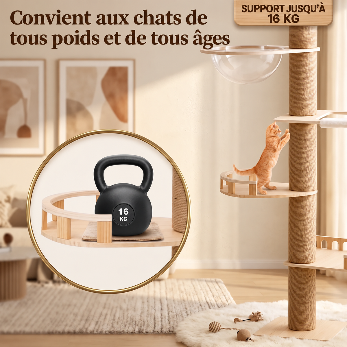 Tour à chat 7 niveaux du sol au plafond avec hamac, panier et capsule spatiale
