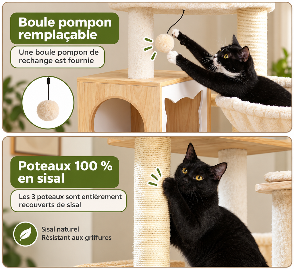 Arbre à chat en bois avec meuble à litière – grande tour multi-niveaux avec griffoirs en sisal, hamac et jouets suspendus