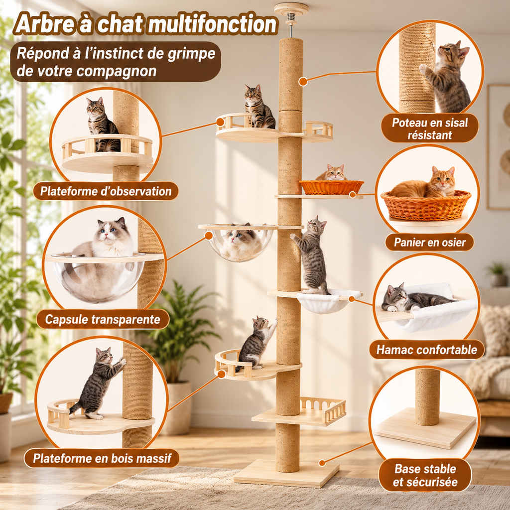 Tour à chat 7 niveaux du sol au plafond avec hamac, panier et capsule spatiale