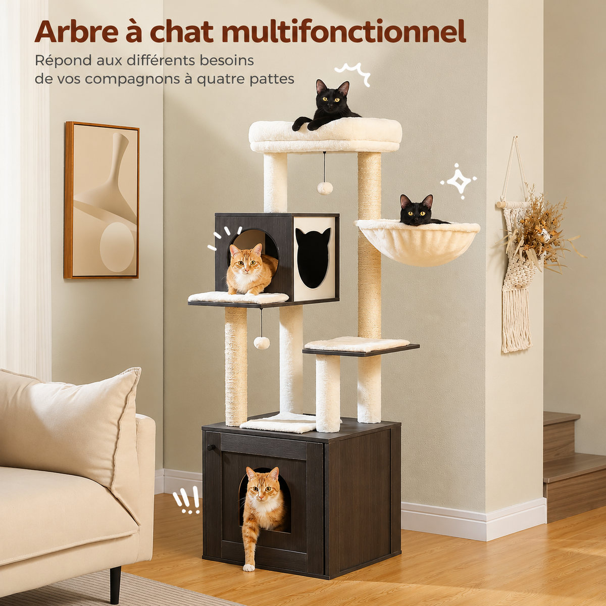 Arbre à chat en bois avec meuble à litière – grande tour multi-niveaux avec griffoirs en sisal, hamac et jouets suspendus