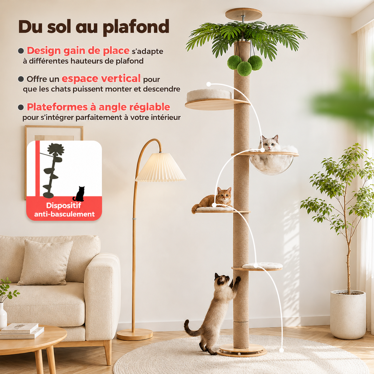 Arbre à chat du sol au plafond avec griffoir en sisal, lit en acrylique et perchoir supérieur