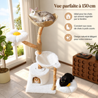 Arbre à chat en bois massif 150 cm –  multi-niveaux avec griffoirs en sisal, paniers en osier, lits fleur et hamac