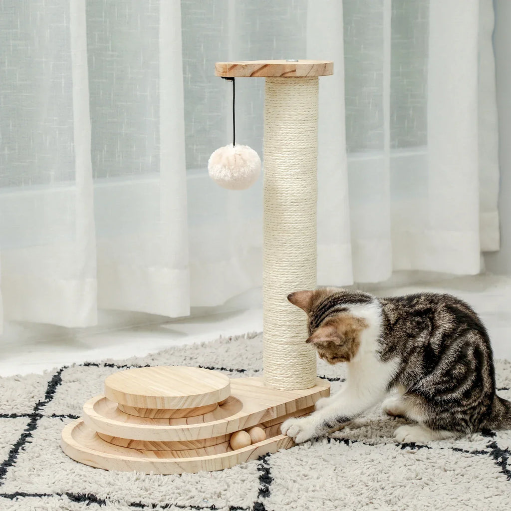 ARBRE À CHAT EN BOIS MASSIF AVEC JEU DE BALLES