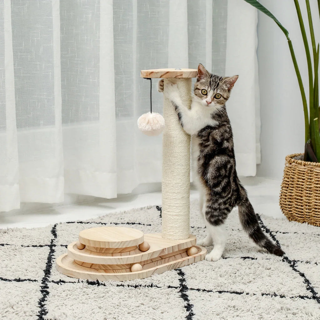 ARBRE À CHAT EN BOIS MASSIF AVEC JEU DE BALLES