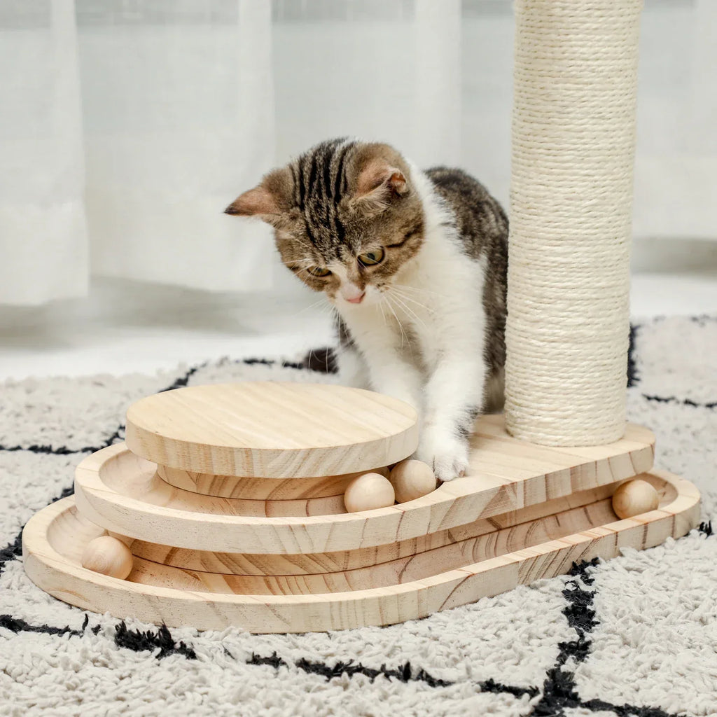 ARBRE À CHAT EN BOIS MASSIF AVEC JEU DE BALLES