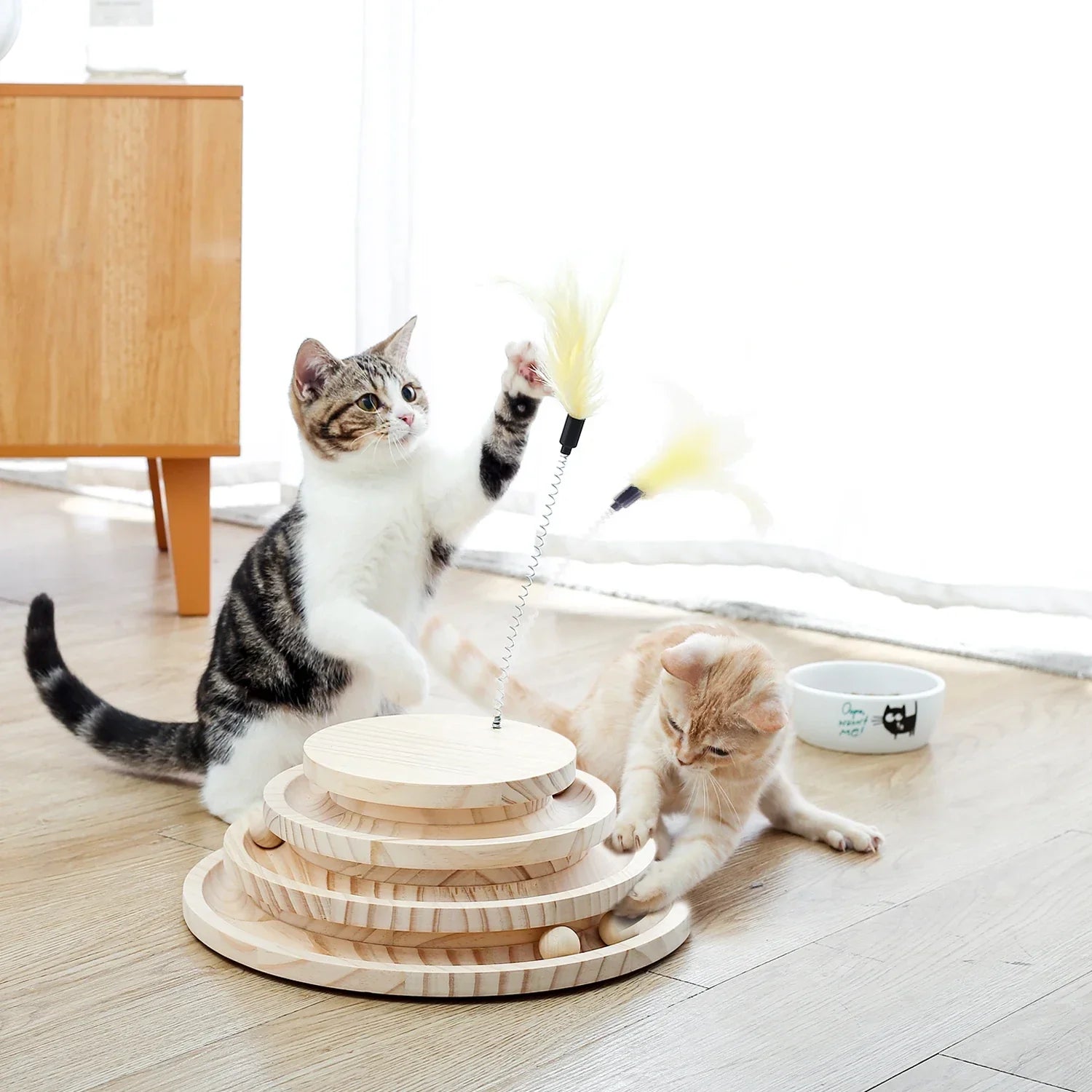 Arbre à chat en bois massif avec jeu de balles et plumeau