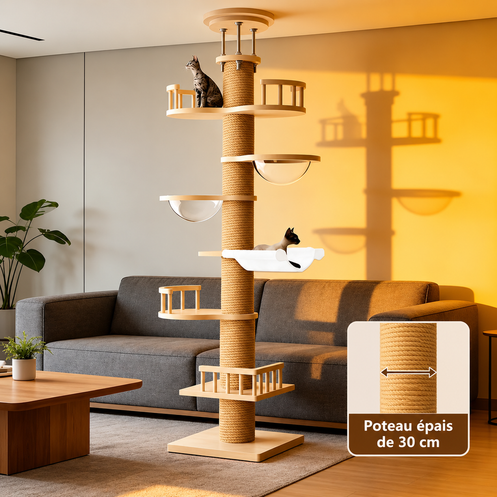 Arbre à chat en bois du sol au plafond multi-niveaux avec hamac et capsule spatiale