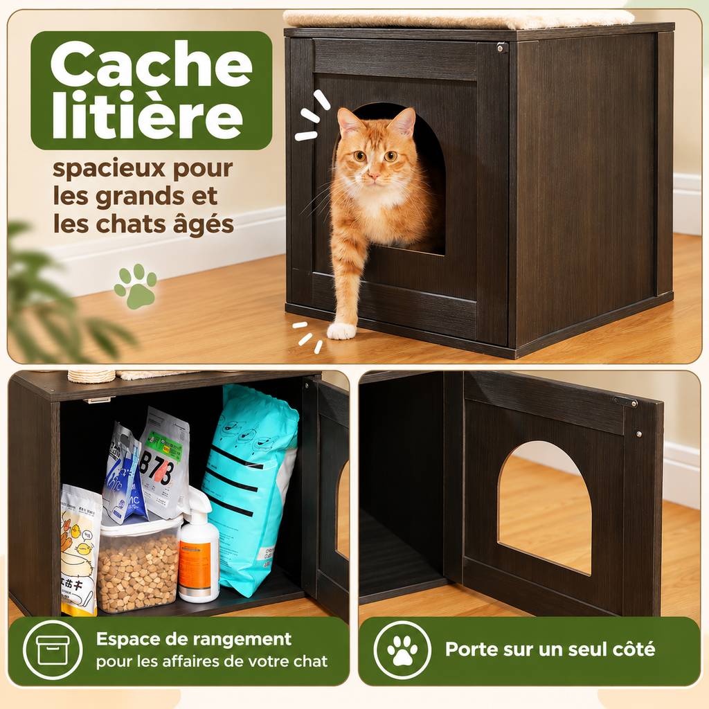 Arbre à chat en bois avec meuble à litière – grande tour multi-niveaux avec griffoirs en sisal, hamac et jouets suspendus
