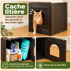 Arbre à chat en bois avec meuble à litière – grande tour multi-niveaux avec griffoirs en sisal, hamac et jouets suspendus