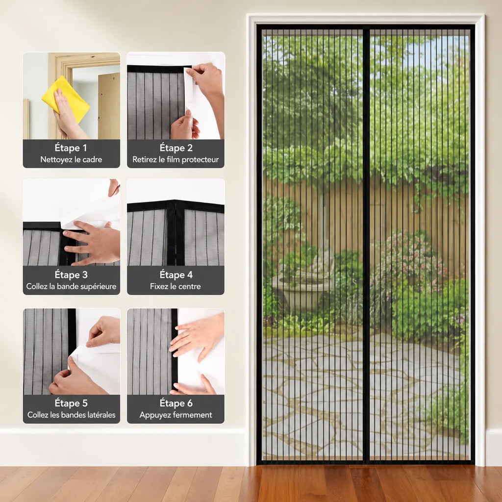 MOUSTIQUAIRE MAGNÉTIQUE 120x220 CM POUR PORTE-FENÊTRE – FILET ULTRA DENSE ANTI MOUSTIQUES ET INSECTES, FERMETURE AUTOMATIQUE AIMANTÉE, INSTALLATION SANS PERÇAGE AVEC RUBAN ADHÉSIF
