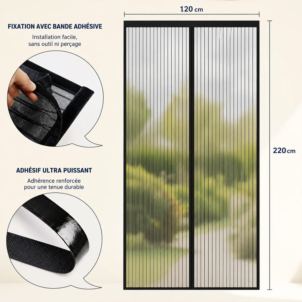 MOUSTIQUAIRE MAGNÉTIQUE 120x220 CM POUR PORTE-FENÊTRE – FILET ULTRA DENSE ANTI MOUSTIQUES ET INSECTES, FERMETURE AUTOMATIQUE AIMANTÉE, INSTALLATION SANS PERÇAGE AVEC RUBAN ADHÉSIF