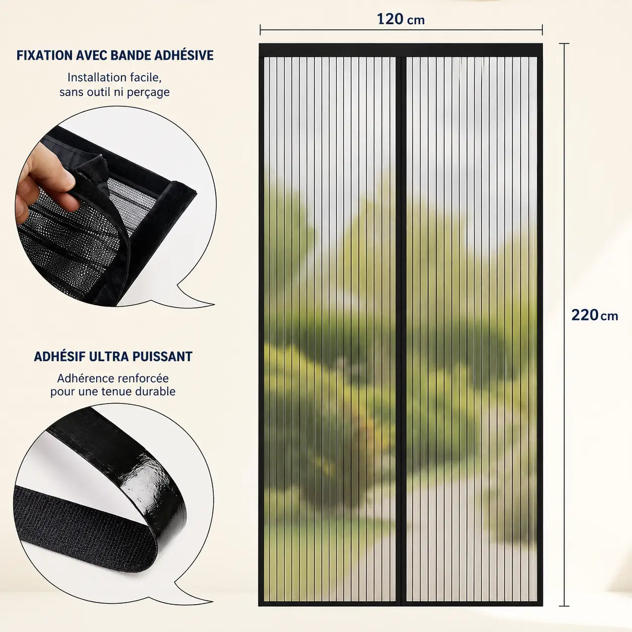 MOUSTIQUAIRE MAGNÉTIQUE 120x220 CM POUR PORTE-FENÊTRE – FILET ULTRA DENSE ANTI MOUSTIQUES ET INSECTES, FERMETURE AUTOMATIQUE AIMANTÉE, INSTALLATION SANS PERÇAGE AVEC RUBAN ADHÉSIF