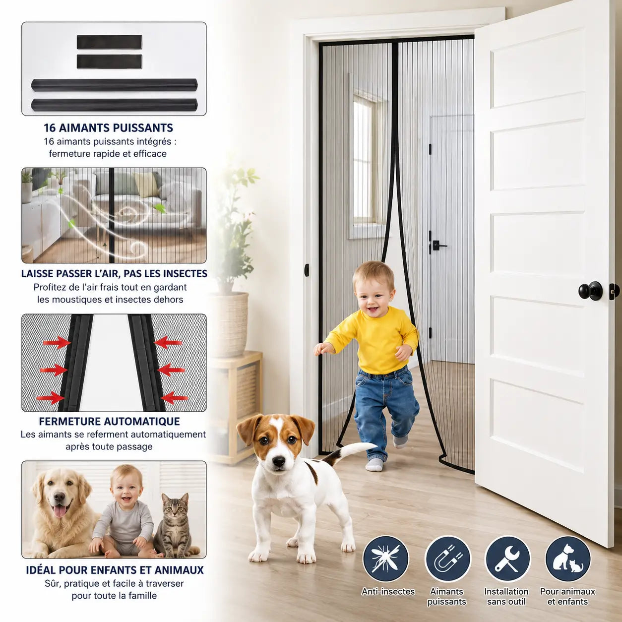 MOUSTIQUAIRE MAGNÉTIQUE 120x220 CM POUR PORTE-FENÊTRE – FILET ULTRA DENSE ANTI MOUSTIQUES ET INSECTES, FERMETURE AUTOMATIQUE AIMANTÉE, INSTALLATION SANS PERÇAGE AVEC RUBAN ADHÉSIF