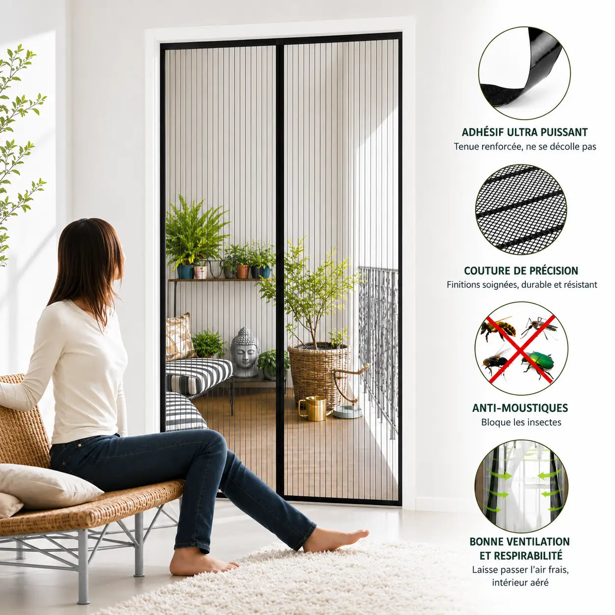 MOUSTIQUAIRE MAGNÉTIQUE 120x220 CM POUR PORTE-FENÊTRE – FILET ULTRA DENSE ANTI MOUSTIQUES ET INSECTES, FERMETURE AUTOMATIQUE AIMANTÉE, INSTALLATION SANS PERÇAGE AVEC RUBAN ADHÉSIF