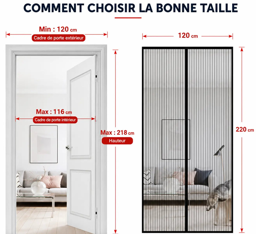 MOUSTIQUAIRE MAGNÉTIQUE 120x220 CM POUR PORTE-FENÊTRE – FILET ULTRA DENSE ANTI MOUSTIQUES ET INSECTES, FERMETURE AUTOMATIQUE AIMANTÉE, INSTALLATION SANS PERÇAGE AVEC RUBAN ADHÉSIF
