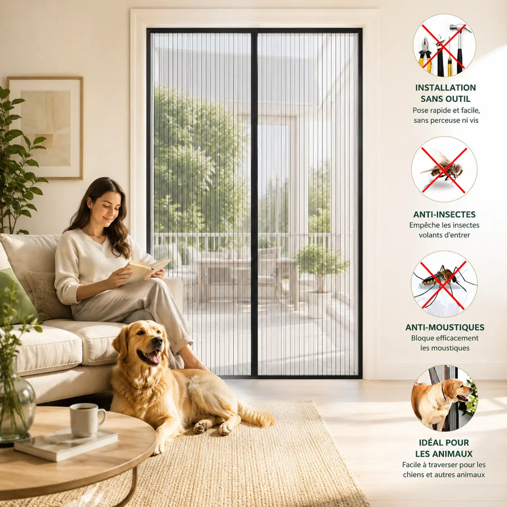 MOUSTIQUAIRE MAGNÉTIQUE 120x220 CM POUR PORTE-FENÊTRE – FILET ULTRA DENSE ANTI MOUSTIQUES ET INSECTES, FERMETURE AUTOMATIQUE AIMANTÉE, INSTALLATION SANS PERÇAGE AVEC RUBAN ADHÉSIF