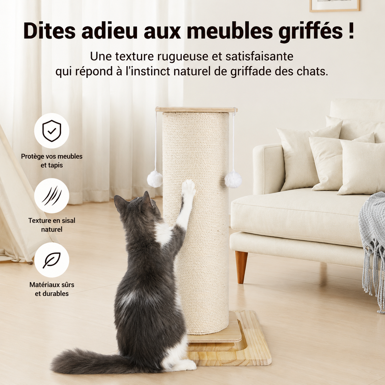 POTEAU GRIFFOIR CHAT EN SISAL – JEU, ESCALADE & PROTECTION DES MEUBLES