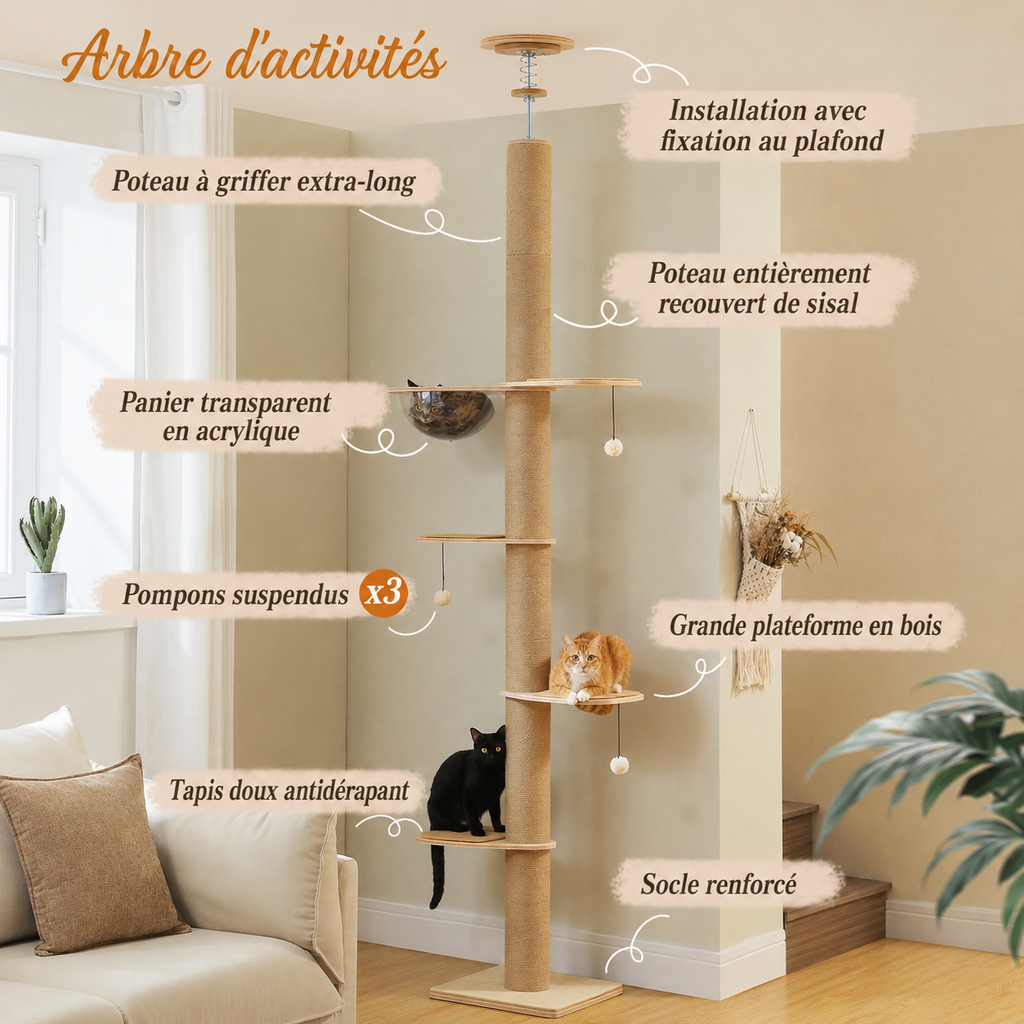 Arbre à chat du sol au plafond 262 cm réglable avec griffoirs en sisal, grotte en acrylique & plateformes rotatives.