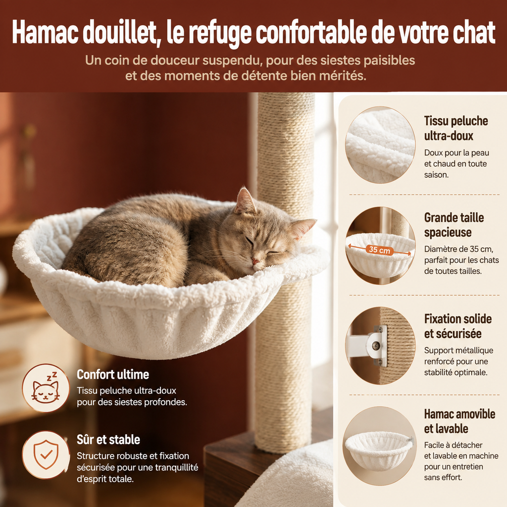 Arbre à chat XXL 2,10 m multi-niveaux avec 2 couchages spécial Maine Coon, 2 paniers suspendus & 5 griffoirs en sisal