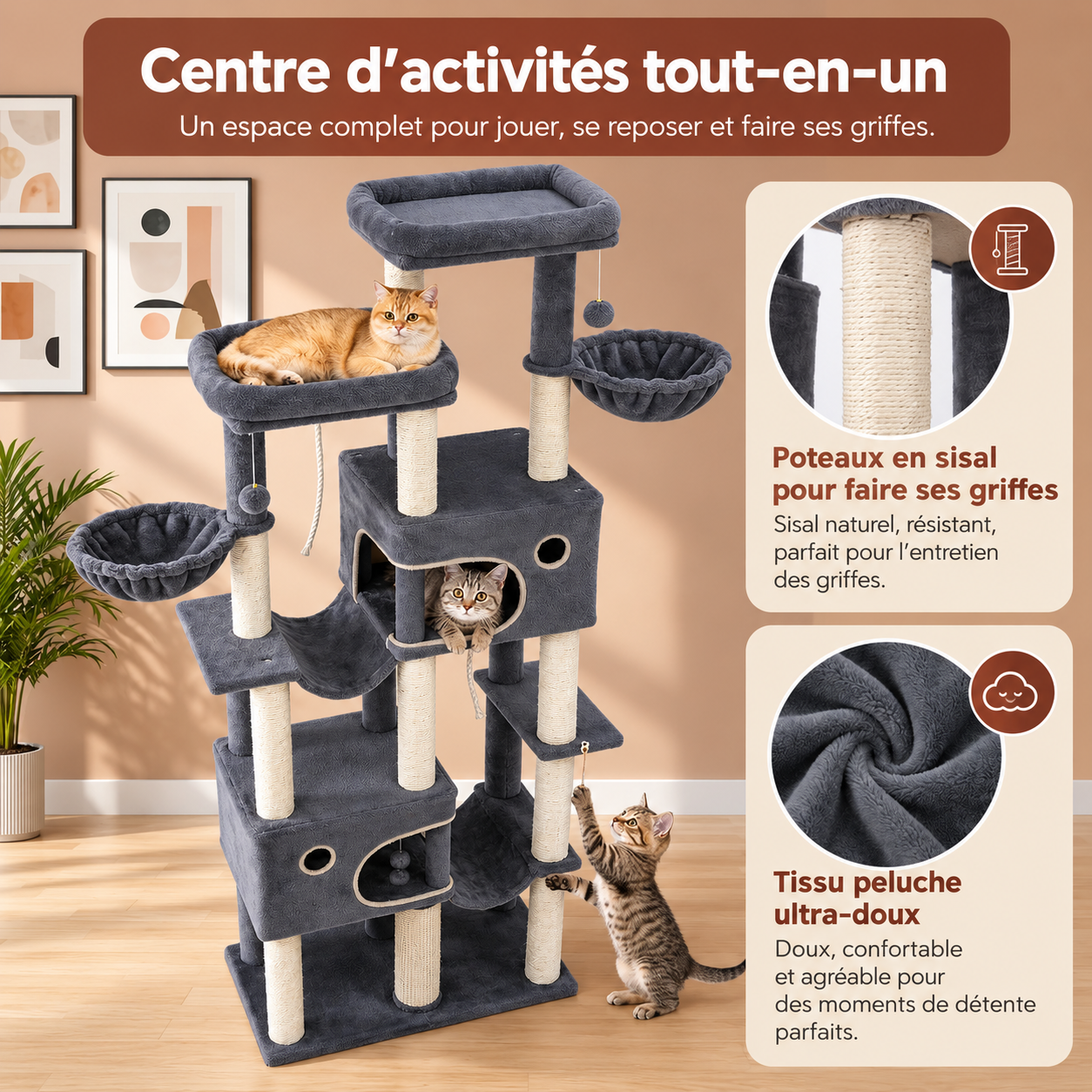 Arbre à chat XXL de 214 cm pour chats de grande taille, Maine Coon, base extra large, 2 plateformes, 2 spacieuses niches, 10 poteaux à gratter en sisal, 2 hamacs