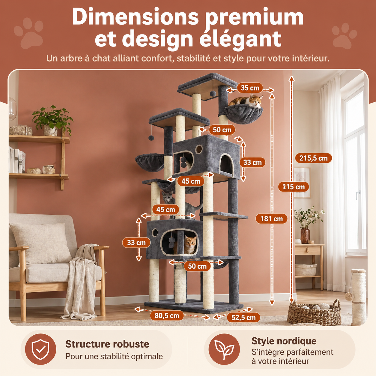 Arbre à chat XXL de 214 cm pour chats de grande taille, Maine Coon, base extra large, 2 plateformes, 2 spacieuses niches, 10 poteaux à gratter en sisal, 2 hamacs