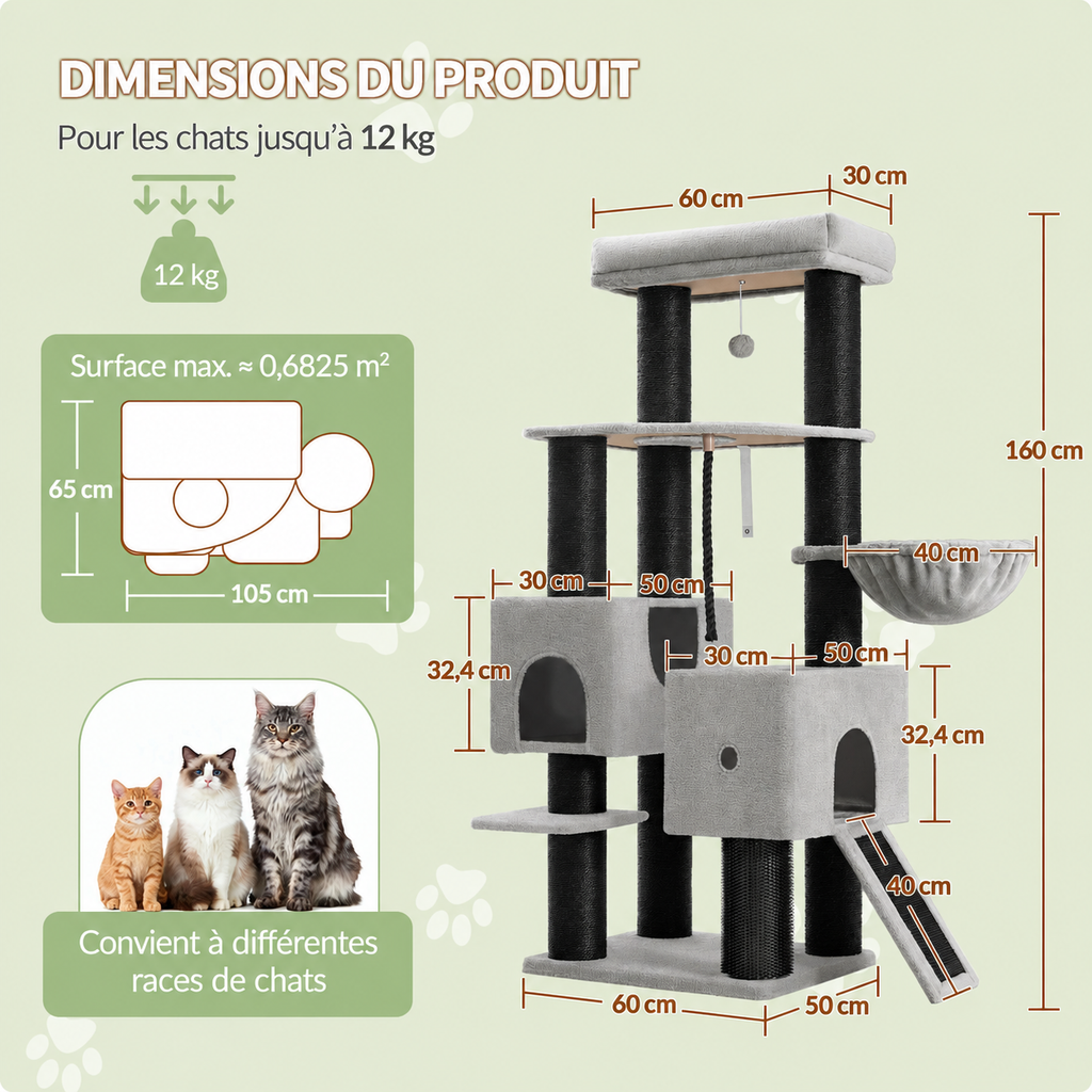 Arbre à Chat XL Gros Poteaux 160 cm – multi-chats avec 10 poteaux en sisal, niches & panier suspendu