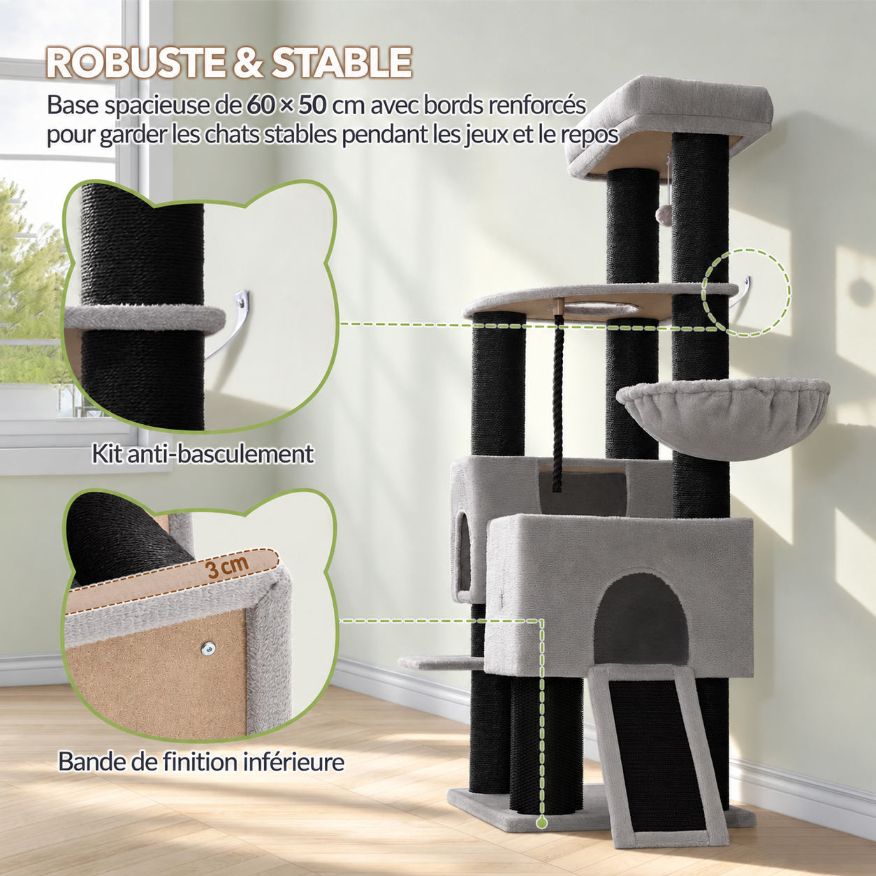 Arbre à Chat XL Gros Poteaux 160 cm – multi-chats avec 10 poteaux en sisal, niches & panier suspendu