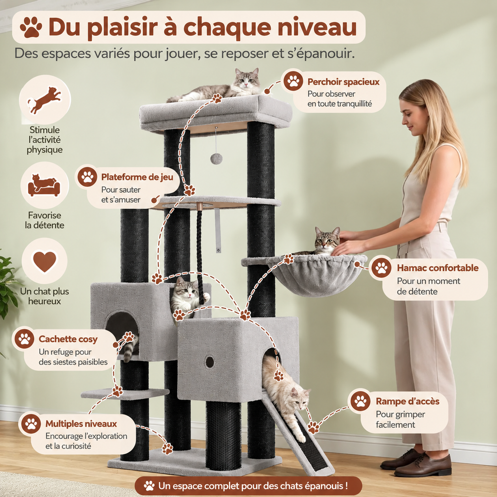 Arbre à Chat XL Gros Poteaux 160 cm – multi-chats avec 10 poteaux en sisal, niches & panier suspendu