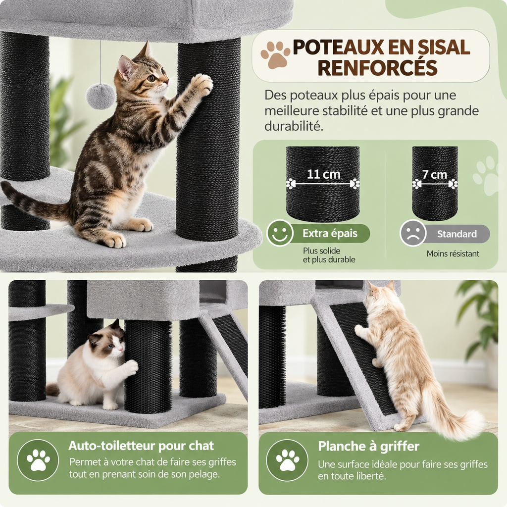 Arbre à Chat XL Gros Poteaux 160 cm – multi-chats avec 10 poteaux en sisal, niches & panier suspendu